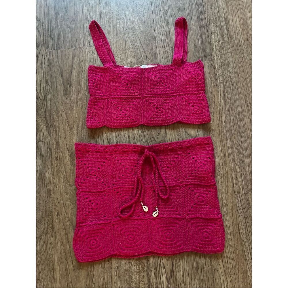 PAOLA BERNARDI Lana crochet Square-Neck Crochet Top and Mini Skirt Set Sz  M NWT - Picture 2 of 7
